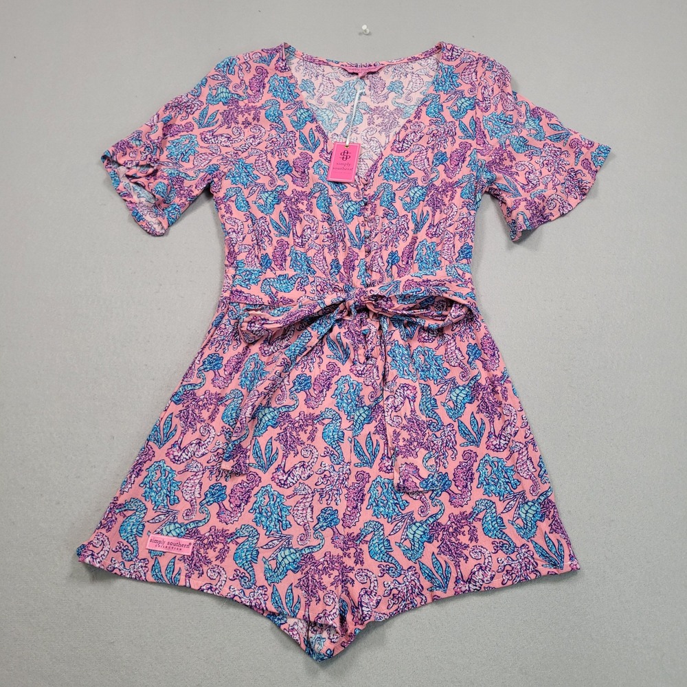 Simply Southern Seahorse Romper Pink Blue V-Neck Tie Waist Short Sleeve Small